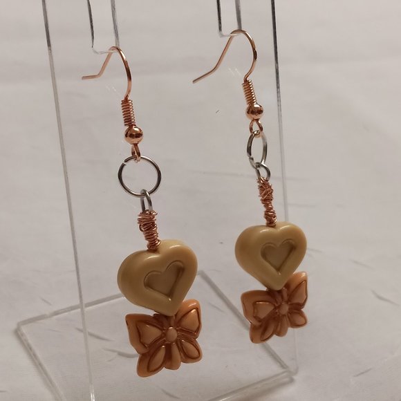 Steel Handmade Hand Crafted Heart & Bow Dangle Earrings Jewelry #54 - Picture 1 of 14